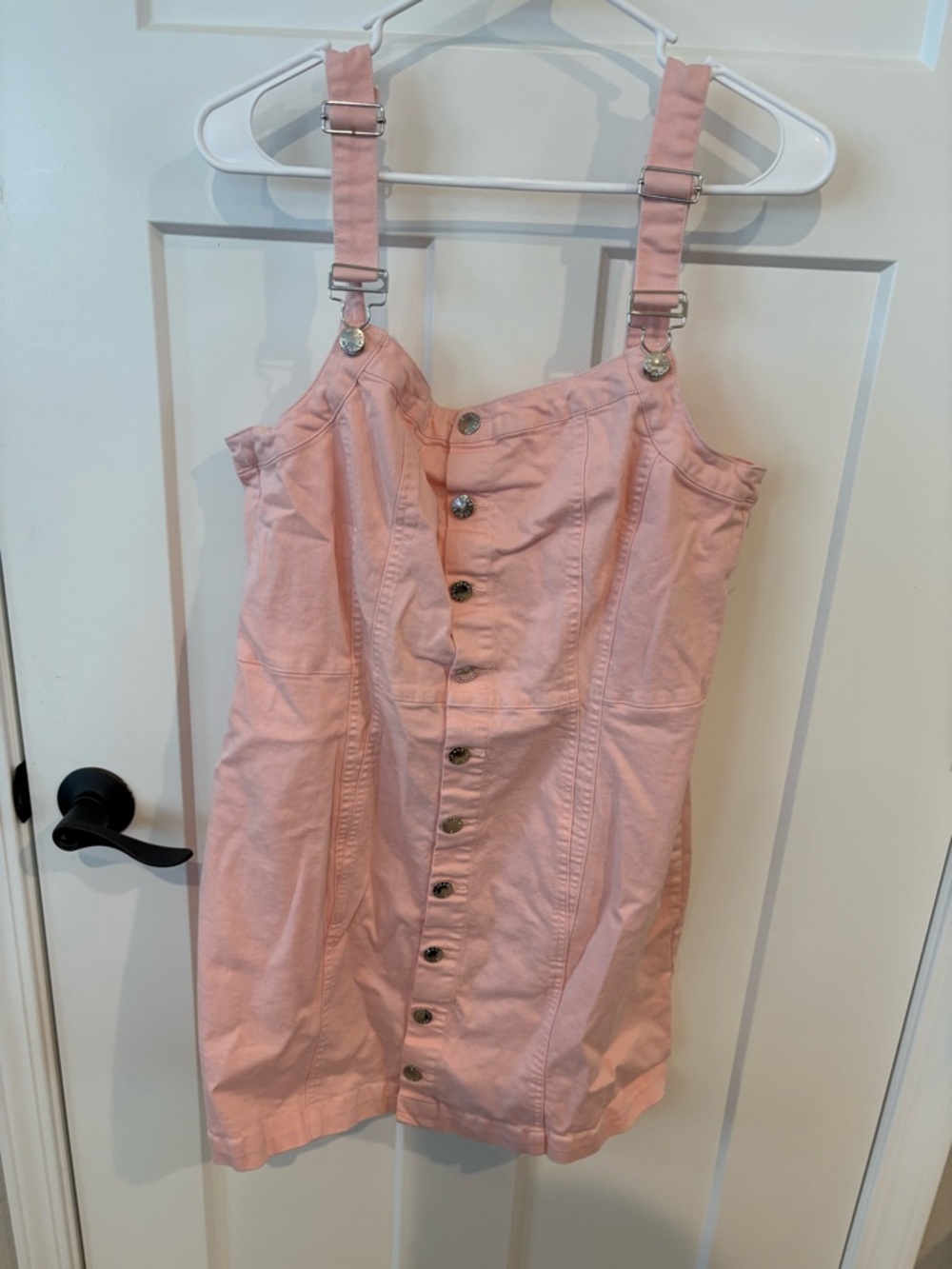 Pink Denim Button-Front Mini Dress - Sleeveless Overall Style large